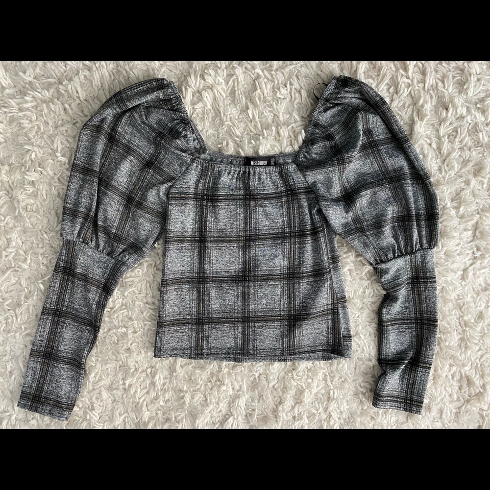 Missguided plaid mutton sleeve milkmaid top